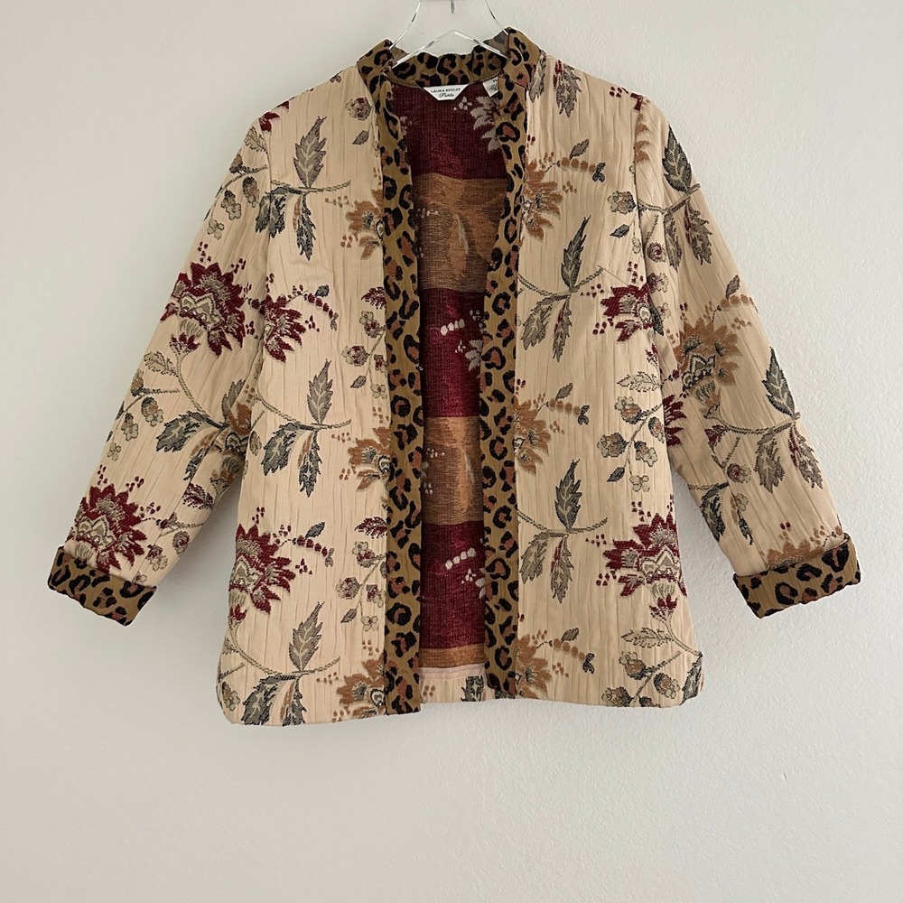 Laura Ashley Jacket PS Beige Floral Leopard Trim Open Front Tapestry Kimono